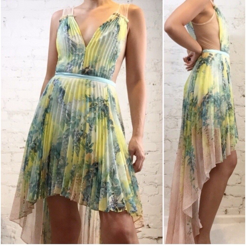 bebe Yellow Blue Floral Pleated High-Low Midi Dress